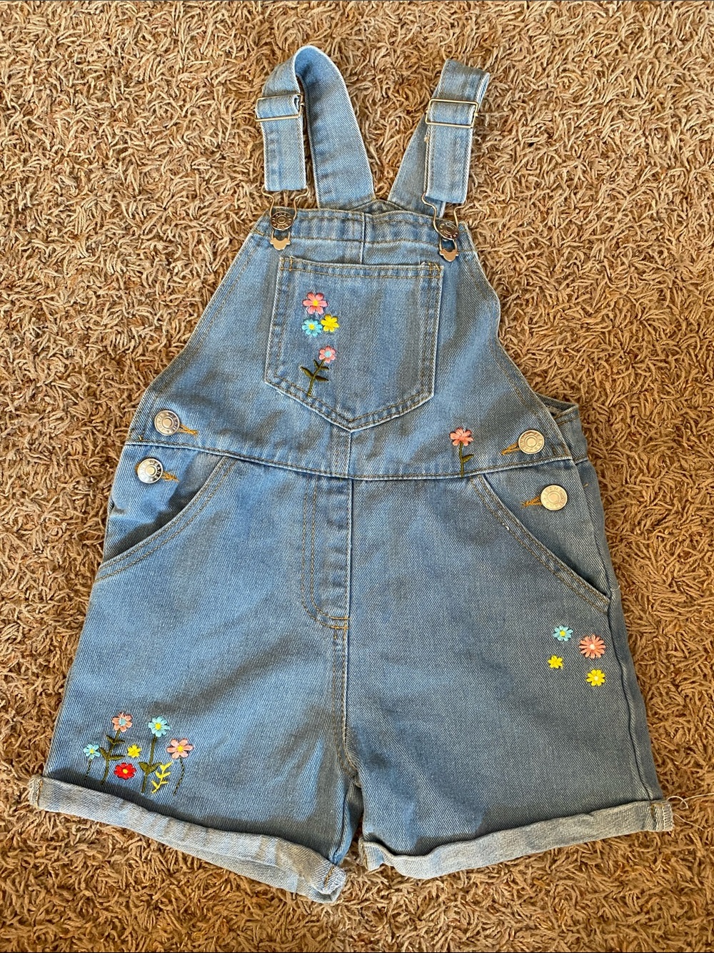 Girls Light Blue Denim Floral Embroidered Short Overalls 6